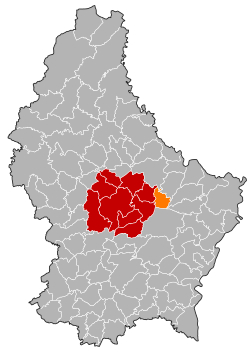 Map of Luxembourg with Heffingen highlighted in orange, and the canton in dark red