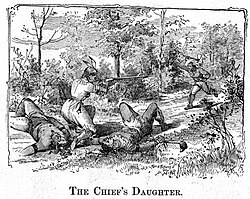 Black and white illustration of a Native American woman shooting rival warriors, captioned "The Chief's Daughter"