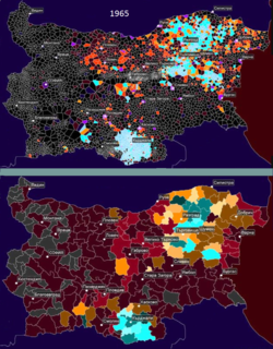 An image showing the distribution of ethnic Turks in Bulgaria according to the 1965 census. The image displays that the Bulgarian Turkish population was primarily concentrated in the southern and northeastern regions of the country.
