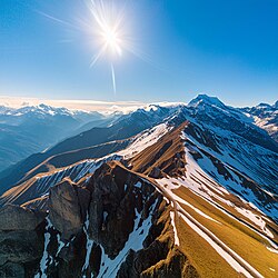 An AI-generated image of landscape photography showing mountain view with snow created by Adobe Firefly