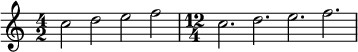 {
\time 4/2
c''2 d'' e'' f'' |
\time 12/4
c''2. d'' e'' f''
}