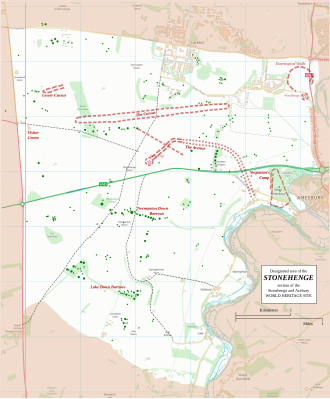 Map showing the boundary of the Stonehemge section of the Stonehenge and Avebury World Heritage Site, with the location of Normanton Down Barrows