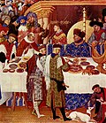 Medieval painting by the Limbourg brothers showing a lord wearing a belt bag with a bollock dagger, c. 1416