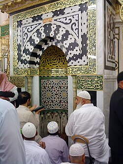 The Nabawi Mihrab, the spot where Muhammad led prayers is identified with what is now a 19th-century mihrab of marble[24]