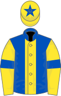 Royal blue, yellow stripe, yellow sleeves, royal blue armlets and star on yellow cap