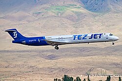 MD83 operated by TezJet landing at Issyk-Kul International Airport.