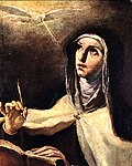 St. Teresa of Avila, in a Carmelite habit, holds a quill pen above a book as a white dove appears.