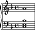 \new PianoStaff <<
\new Staff { \key f \major a'1 }
\new Staff { \key f \major \clef bass <c e bes> }
>>