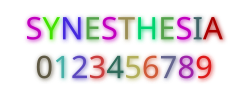 Picture of the word "synesthesia" and several numbers color-coded in a way a synesthete may see them.