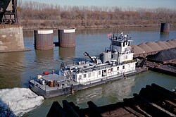 Towboat Sue Chappell upbound in Portland Canal on Ohio River (3 of 4), Louisville, Kentucky, USA, 1998