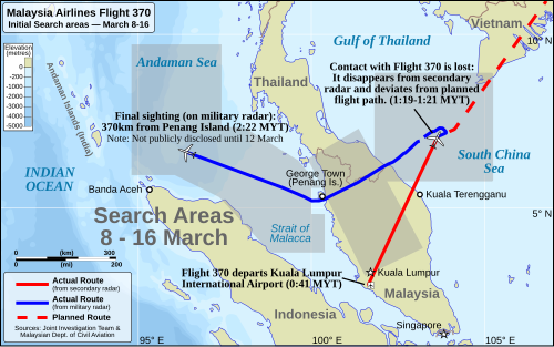 Map of southeast Asia with flight path and planned flight path of Flight 370 in the foreground. The search areas are depicted in transparent grey colour. Search areas include the South China Sea and Gulf of Thailand near the location where Flight 370 disappeared from secondary radar, a rectangular area over the Malay Peninsula, and a region that covers roughly half of the Strait of Malacca and Andaman Sea.