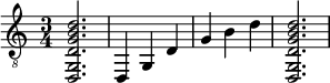 {
\clef "treble_8"
\time 3/4 \set Staff.midiInstrument = #"acoustic guitar (steel)"
<d, g, d g b d'>2.
<d, >4
<g, >4
<d >4
<g >4
<b >4
<d' >4
<d, g, d g b d'>2.
}