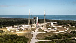 An aerial view of SLC-41 with its crew access tower and arm prior to the first launch of Vulcan Centaur carrying Peregrine Mission One