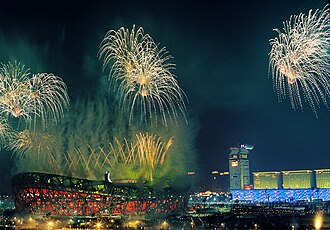 Fireworks illuminate the National Stadium ("Bird's Nest") during the opening ceremony of the 2008 Summer Olympics, Beijing.
