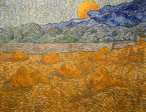 Landscape with Wheat Sheaves and Rising Moon, July 1889, Kröller-Müller Museum, Otterlo, Netherlands (F735)