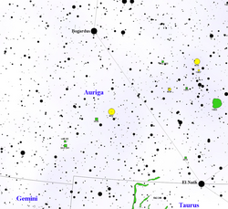 M37 appears as the central yellow dot in this large-scale (close range), detailed map