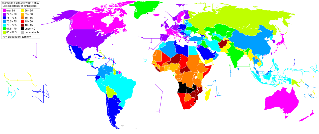 Life Expectancy 2008 Estimates CIA World Factbook.png