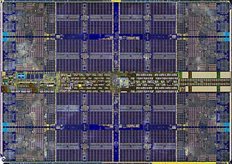 Die shot of one of the 8 other dies on the processor, after metallization etching