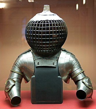 Armour designed for the Kolbenturnier, dated to the 1480s. The Kolbenturnier was a late form of the tournament, unlike the joust played with two teams using wooden clubs (Kolben) to hit opponents' helmet crests.