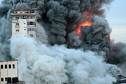 Highrise residential building "Palestine Tower"[42] in Gaza following an Israeli strike during the Gaza war.