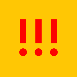 Three red exclamation points on a yellow background.