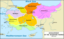 A map centred on Turkey. From west to east and north to south with the corresponding colours in brackets; are the themes of Opsikion (light purple), Thracesians (light grey), Cibyrrhaeots (light green), Optimatoi (green), Anatolic (brown), Bucellarians (orange) and Armeniacs (purple). On the map are marked the major rivers; the Aegean, Black and Mediterranean Seas; the cities of Ephesos, Constantinople, Ancyra, Tarsus, Adana, Antioch and Edessa; and the islands of Samos, Crete and Cyprus.