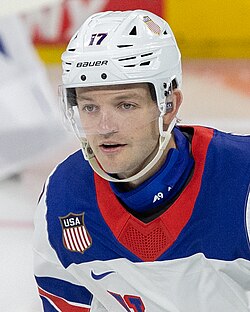 Ice hockey player in a Team USA jersey