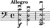 \relative c {
\time 4/4
\clef bass
\tempo "Allegro"
<g e' c'>2 \f \downbow <g d' b'> \downbow
<c, g' e' c'>2. \downbow
}