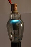 Westinghouse 866A mercury vapor half-wave rectifier tube. Glowing with 5mA