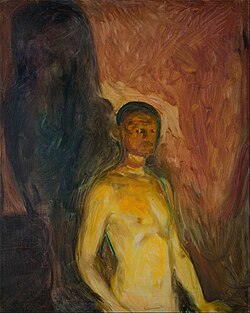 Self-Portrait in Hell, 1903, .mw-parser-output .frac{white-space:nowrap}.mw-parser-output .frac .num,.mw-parser-output .frac .den{font-size:80%;line-height:0;vertical-align:super}.mw-parser-output .frac .den{vertical-align:sub}.mw-parser-output .sr-only{border:0;clip:rect(0,0,0,0);clip-path:polygon(0px 0px,0px 0px,0px 0px);height:1px;margin:-1px;overflow:hidden;padding:0;position:absolute;width:1px}82 cm × 66 cm (32+1⁄4 in × 26 in), Munch Museum, Oslo
