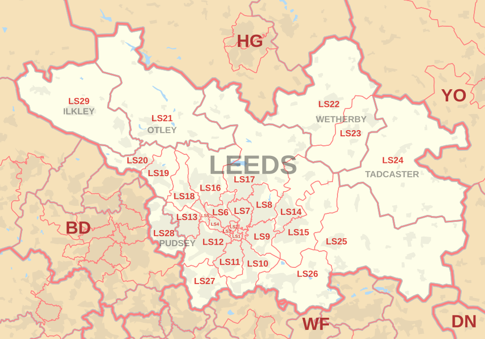 LS postcode area map, showing postcode districts, post towns and neighbouring postcode areas.