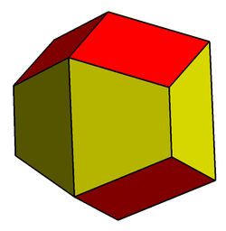 Trapezo-rhombic dodecahedron: a polyhedron with six rhombi, six trapezoids. It is the dual of triangular orthobicupola, both have D3h symmetry of order 12. It is known for tessellating by translating a copy of itself.[30]