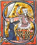 The earliest known possible visual depiction of a heart symbol, as a lover hands his heart to the beloved lady, in a manuscript of the Roman de la poire, 13th century