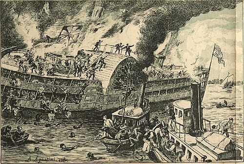 The great catastrophe of the passenger steamboat General Slocum (Angelo Agostini, O Malho, 1904)