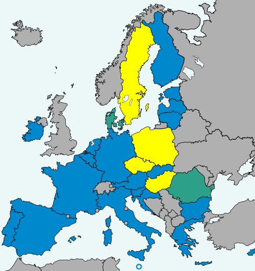 map of Europe with countries colored blue, green, yellow, red, and gray