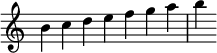 {
\override Score.TimeSignature #'stencil = ##f
\relative c'' {
\clef treble
\time 7/4 b4c d e f g a b
} }