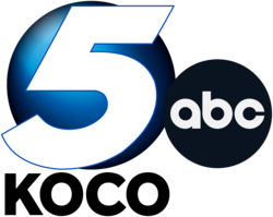 A white bold italicized sans serif 5 on a blue sphere, beneath which are the letters K O C O. To the right and slightly below the 5 is the ABC network logo.