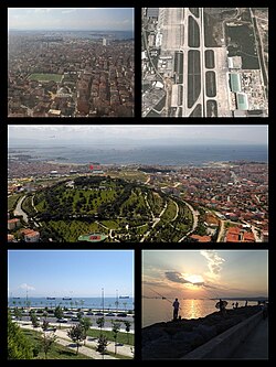 A collage of Pendik, Upper left: Pendik Stadium, Upper right: Sabiha Gökçen International Airport, Middle: Kusbakisi Pendik, Lower left: Pendik Sahilyolu (Pendik Coastal Road), Lower right: Sunset in Pendik