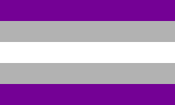 A flag with five equally-spaced stripes. From top to down, it is purple, grey, white, grey, and purple.