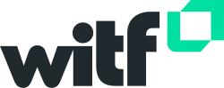 The letters WITF, lowercase, in a rounded sans serif in a very dark green. Next to them is a mint green symbol consisting of two L-shaped devices framing a rectangle.