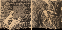 Two crouching Deep Ones in front of a brick column that is decorated with a bas-relief of an island chain gaze at an approaching nude man who walks past a large idol
