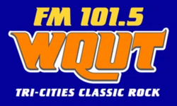 "WQUT" in bold fluorescent orange over a blue background