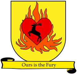 A coat of arms showing a crowned black stag in a red heart engulfed in orange flames on a field of yellow.