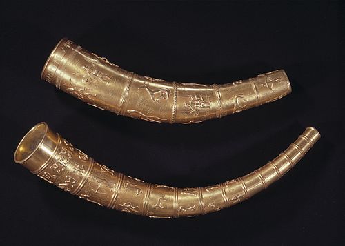 Copies of the two golden horns of Gallehus from around the 4th century