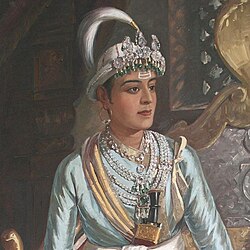 Girvan Yuddha Bikram Shah wearing an early form of the Shripech during the early Kingdom of Nepal, c. 1799–1816.