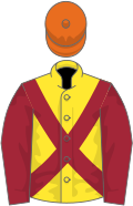 Yellow, maroon cross belts and sleeves, orange cap