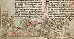 A drawing depicting fighting horsemen and dead soldiers on a field, and prisoners carried to a fortress