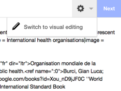 Screenshot showing the menu for switching from the wikitext editor to VisualEditor