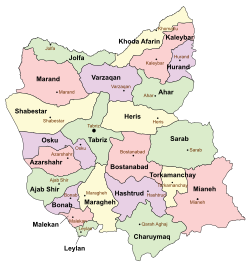 Location of Tabriz County in East Azerbaijan Province (center, green)