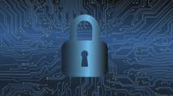 A padlock superimposed over a blue circuit board pattern.